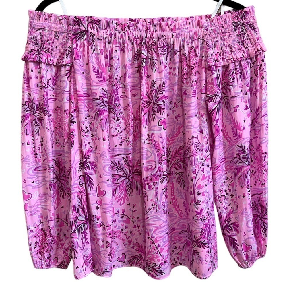 Lilly Pulitzer Pink Purple Tropical Smocked Off Shoulder Top 006702 Womens Small